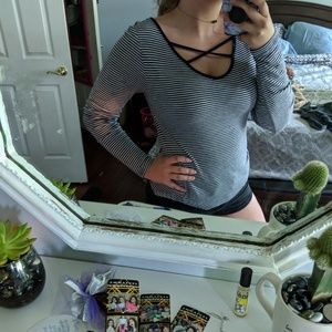 SO long sleeve criss cross scoop neck